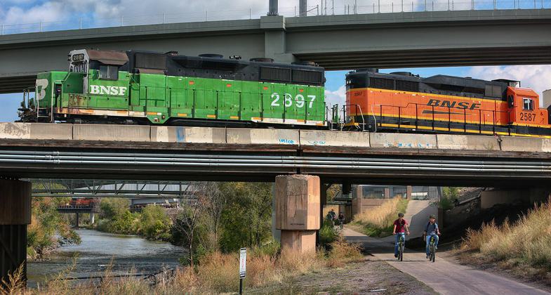 The trail passes under several active freight and passenger rail tracks that serve Denver. Photo by Scott Stark.