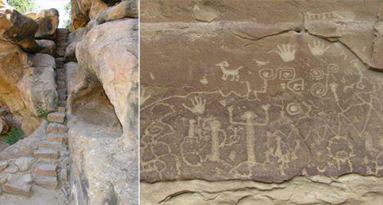 Left: Narrow steps along trail,  Right: Petroglyph Point panel.