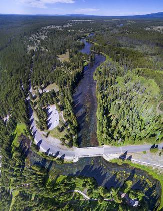 Aerial View from Big Springs including the Henry's Fork of the Snake River that begins at this location. Photo by wiki James N Perdue.