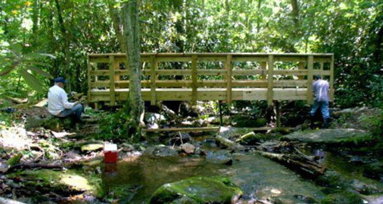 BTS Trail crew members build new bridge on Ledbetter Creek near Cheoah Bald. Photo by BTS.