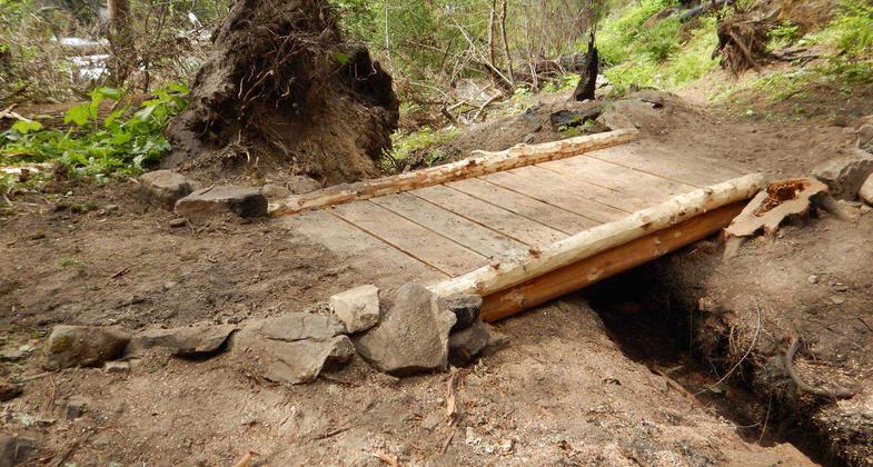 Replaced puncheon bridge on the Meadow Creek Trail. Photo by USFS/Corey Swanson.
