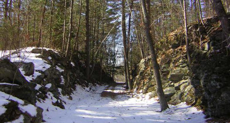 Rock cut on Grand Trunk Trail, Brimfield, MA. Photo by Scott Benoit.