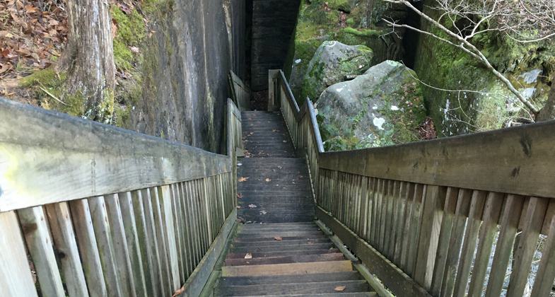A series of rock passages leads the hiker from the upper trail to ox-lot cave. Photo by Donna Kridelbaugh.