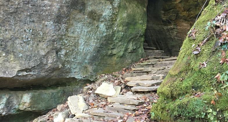 The lower trail features an ox-lot cave used by early settlers to the area. Photo by Donna Kridelbaugh.