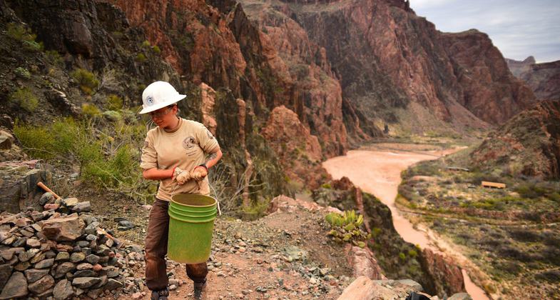 Crew members from the American Conservation Experience maintaining the South Kaibab Trail. Photo by Jessica Plance.
