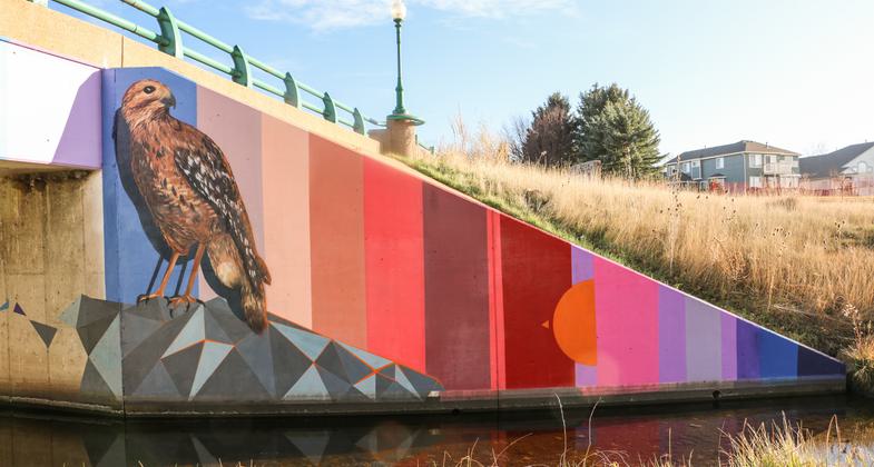 "Redtail Sunset" Artist Andrew Davis' beautification work along Big Dry Creek Trail. Photo by Hans T. Reichgelt.