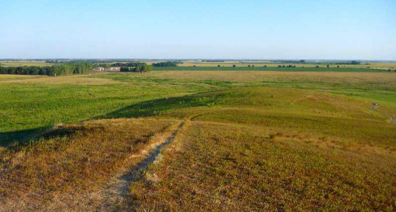 View of the prairie from Spirit Mound Summit Trail, north of the town of Vermillion, South Dakota; photo by Fiana Shapiro.