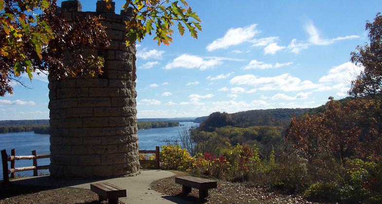 Julien Dubuque Monument and the Mississippi River.