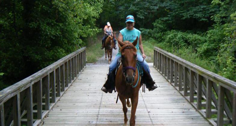 Horseback riders crossing bridge. Photo by Kari Kirby.