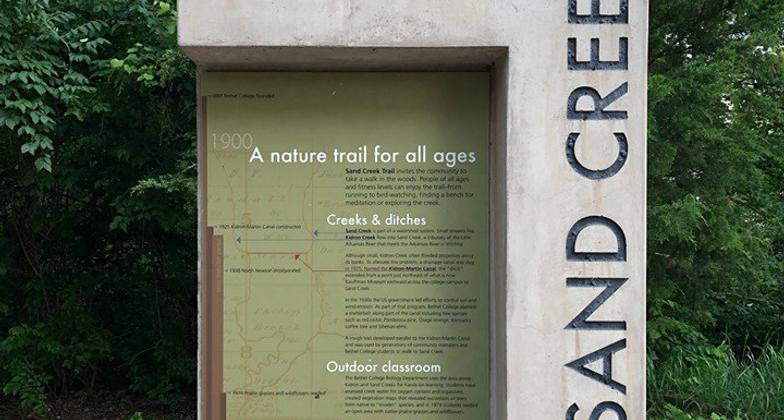 Marker 4  at trailhead of Sand Creek Trail - Bethel College Memorial Grove. Photo by City of North Newton.