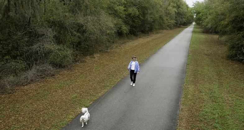 Dog walker on trail. Photo by FL Office of Greenways.