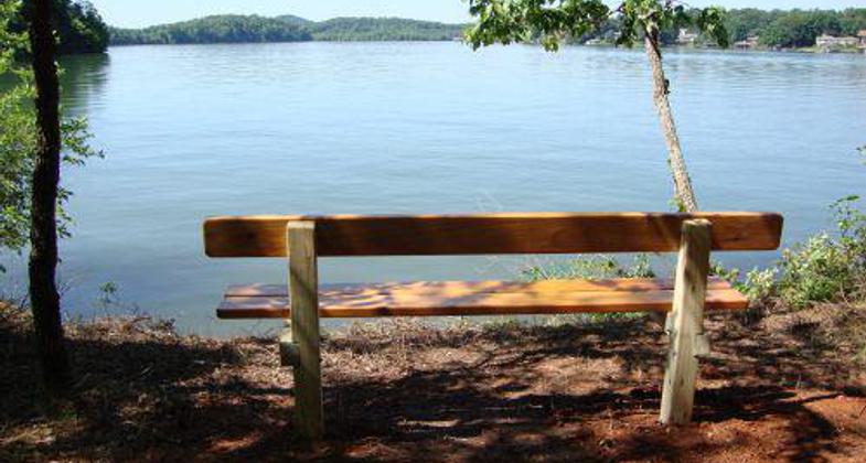 Scenic lake view from trail bench on East Lakeshore Trail