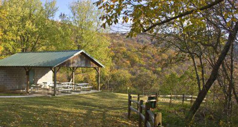 Monte Sano Nature Preserve Environmental Education Picnic Pavilion in Fall. Photo by Jerry Green