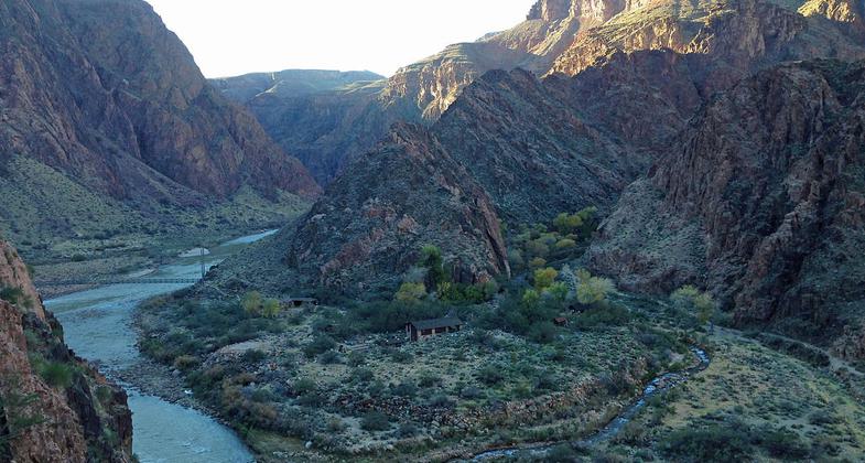 The confluence of Bright Angel Creek with the Colorado River from the River Trail above Phantom Ranch in Grand Canyon National P. Photo by Fredlyfish4.