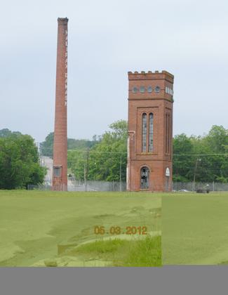 Historic cotton mill structures at the trailhead