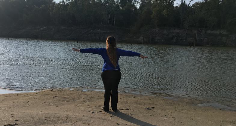 Houston SCA Crew Member enjoying solitude on the beach of the Trinity River at Arkosisa Oaks Scenic View.