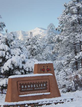 Park Entrance Sign in Winter. Photo by Sally King courtesy NPS.