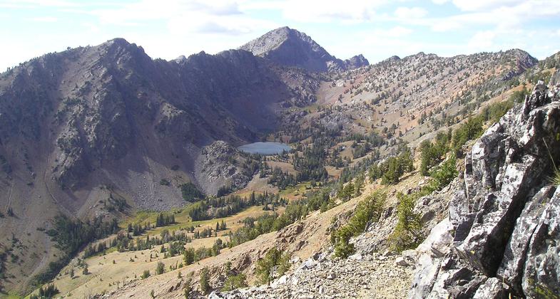 HIgh mountain Twin Lakes in distance along the rugged Elkhorn Crest Trail. Photo by USDA Forest Service.