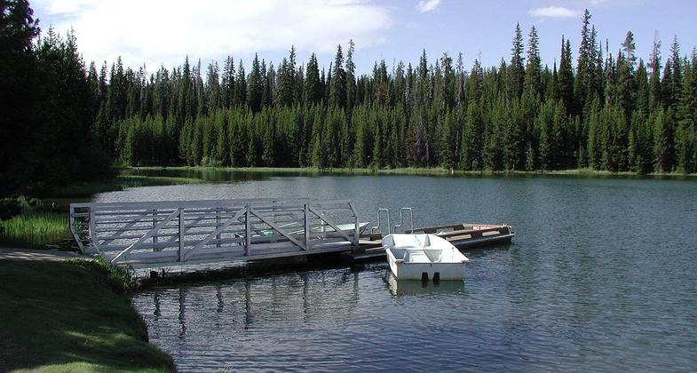 A metal and wooden dock and a small white boat floating beside in shallow water. Photo by USFS.