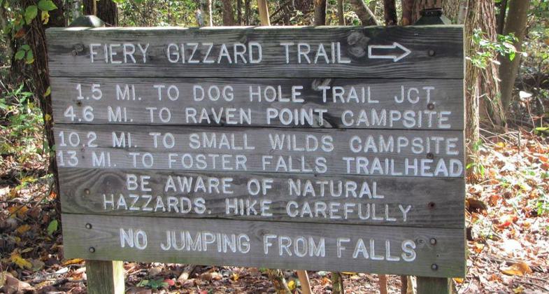Trail sign fir the Fiery Gizzard Trail. Photo by So Cumberland State Park.