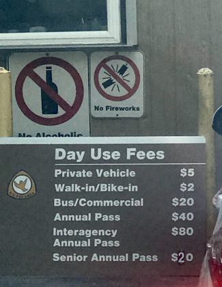 Day Use Area Fee guidelines, seasonal. Photo by Andrew McDonagh.