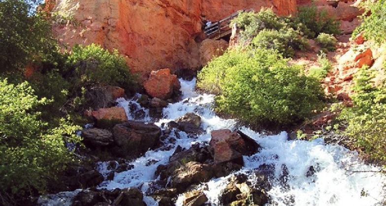 Cascade Falls just below the cave opening, forming the headwaters of the North Fork of the Virgin River. Photo by Lance Weaver, Utah Geo. Survey.